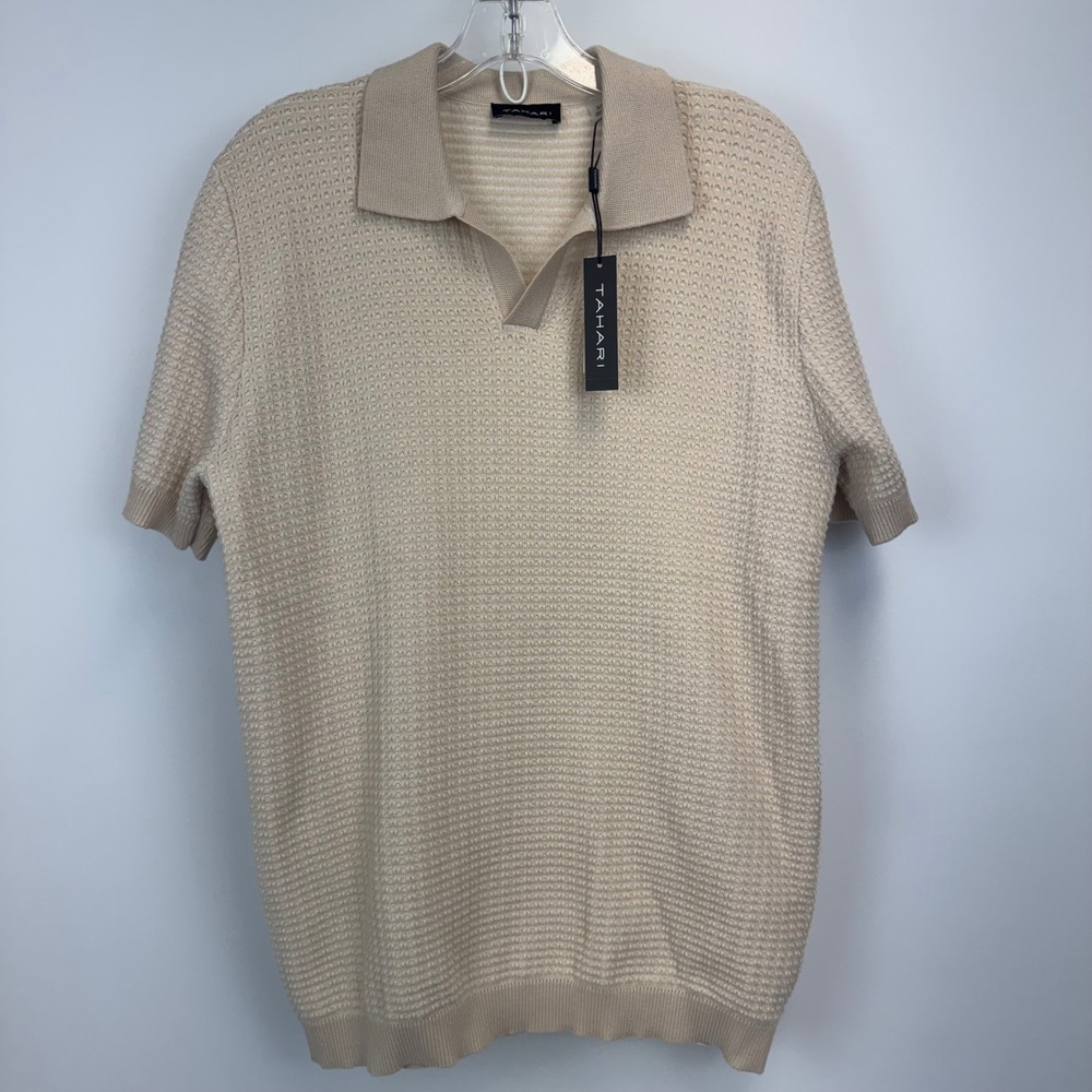 Tahari Mens Beige White Textured Knit Polo Shirt Short Sleeve H406123M Size S